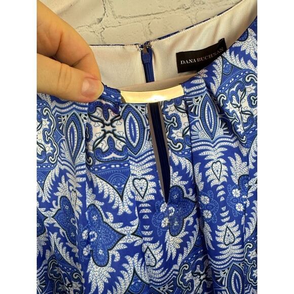 DANA BUCHMAN blue white sleeveless bodycon sheath lined dress size M NWT - Picture 3 of 11